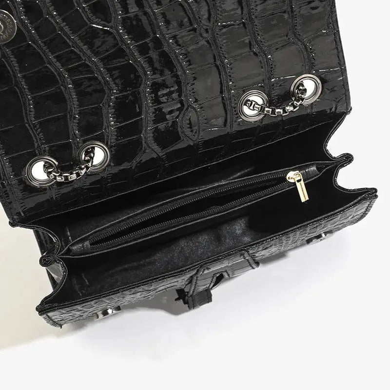 Women's luxury crossbody handbag by Simples Market, black crocodile-embossed faux leather with silver chain straps