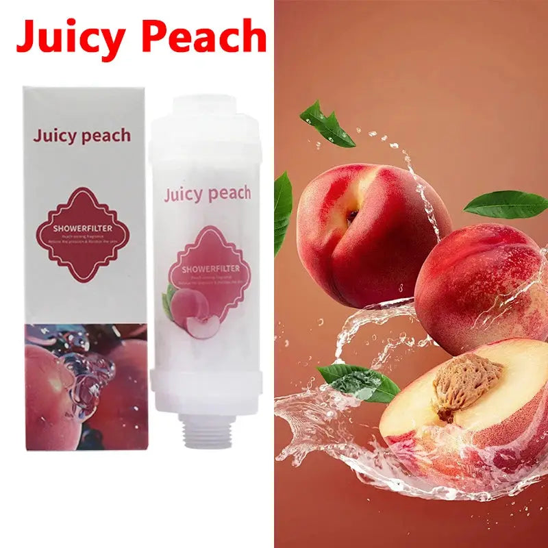 Shower filter peach-scented kit with two items: white bottle and box, Juicy Peach label and peach imagery