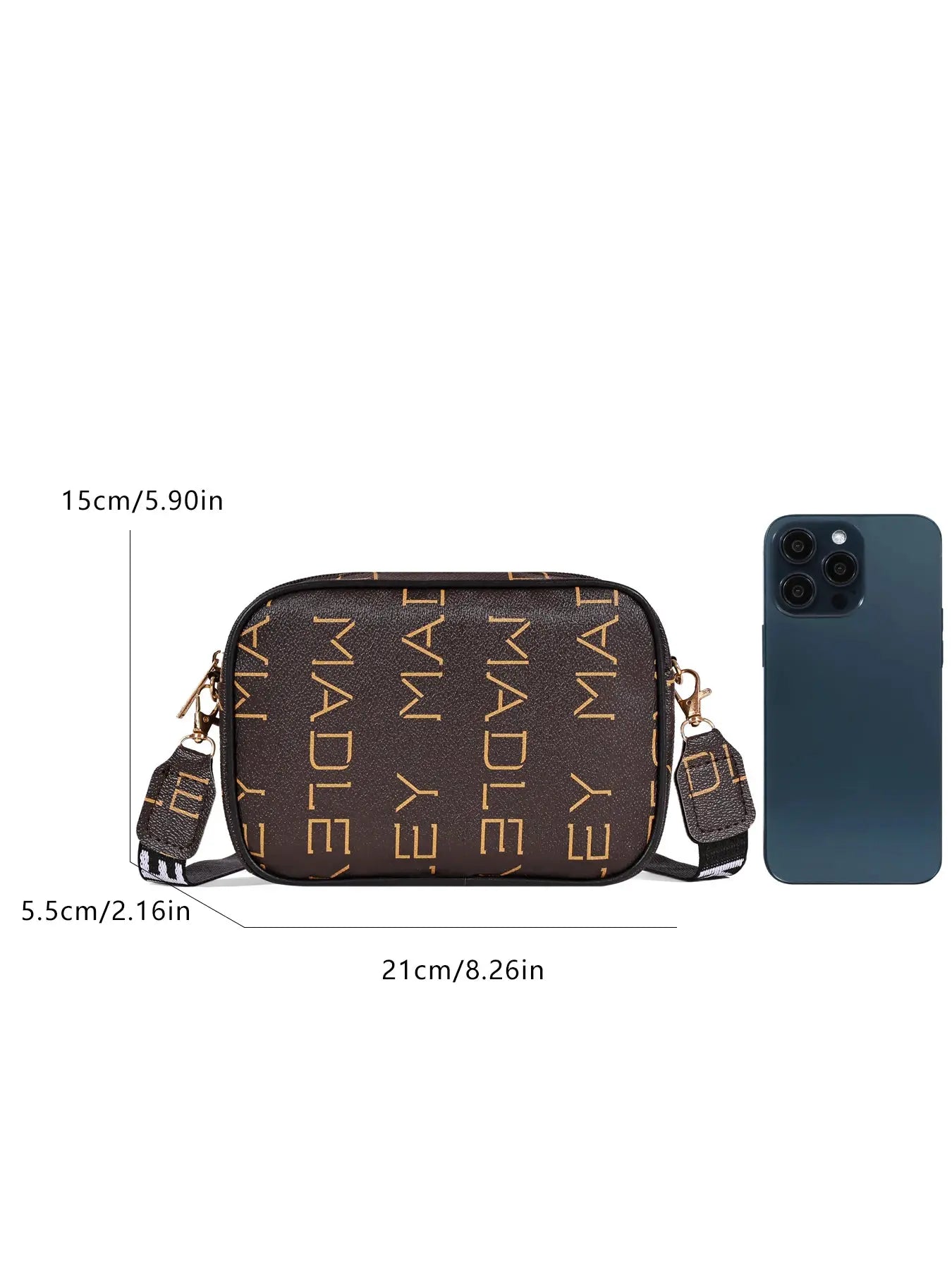 Simples Market fashion crossbody bag in brown with gold-tone hardware and repeating logo pattern