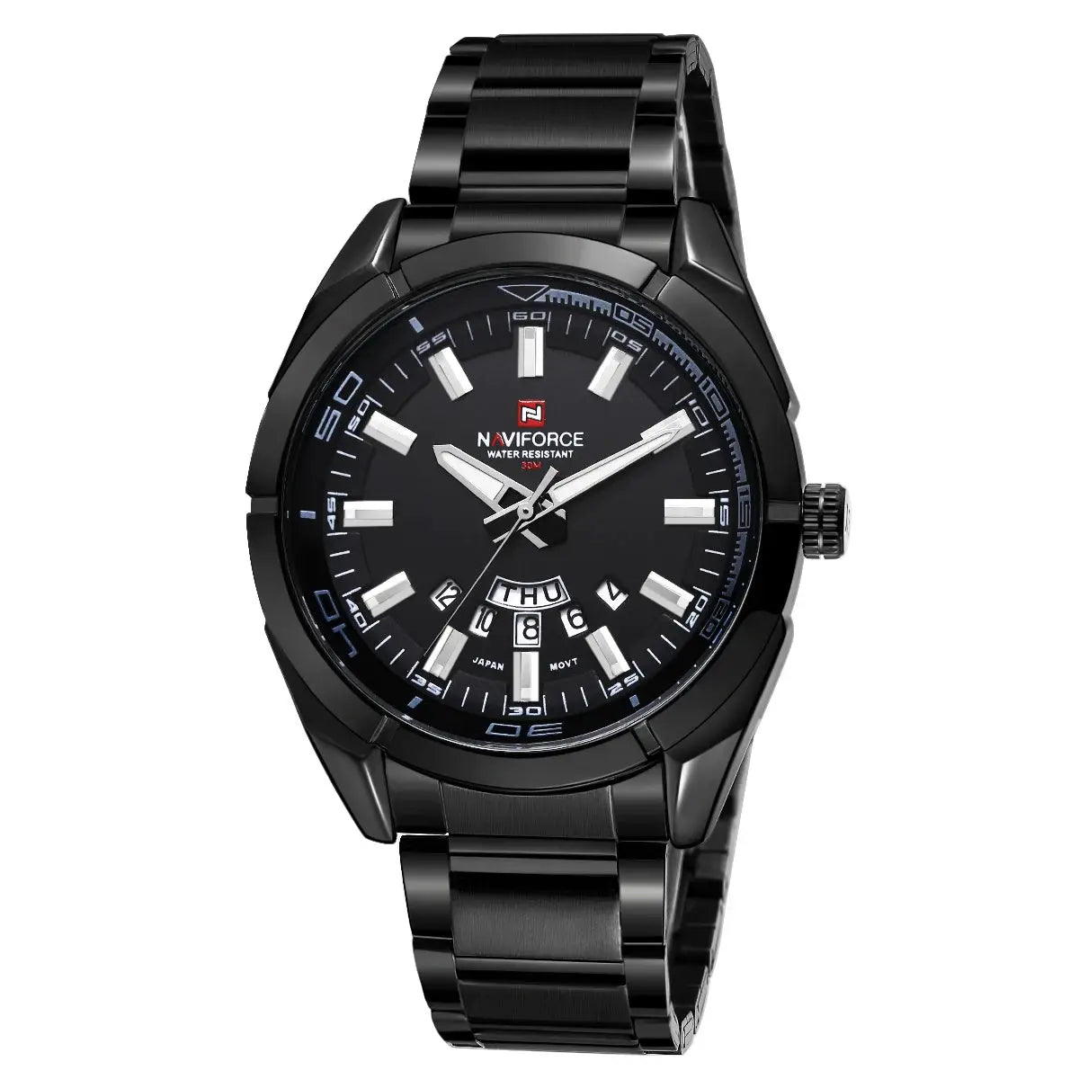 NAVIFORCE men's black stainless steel casual watch with date display and 30m water resistance
