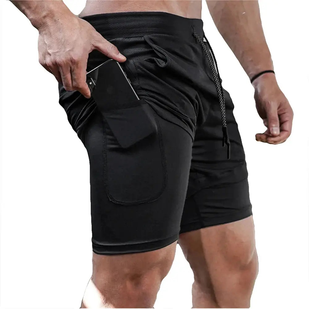 Men's black 2-in-1 quick-dry training shorts with side phone pocket and drawstring
