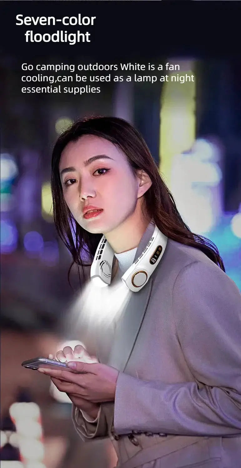 Simples Market JKUOO portable neck fan, white bladeless design with LED display, USB rechargeable 4000mAh.
