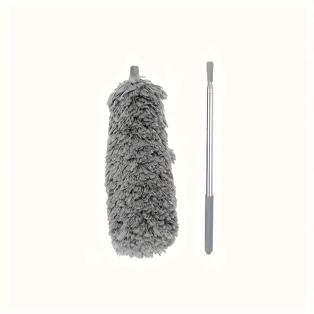 Two-piece cleaning duster set with fluffy gray microfiber head and slim metal handle