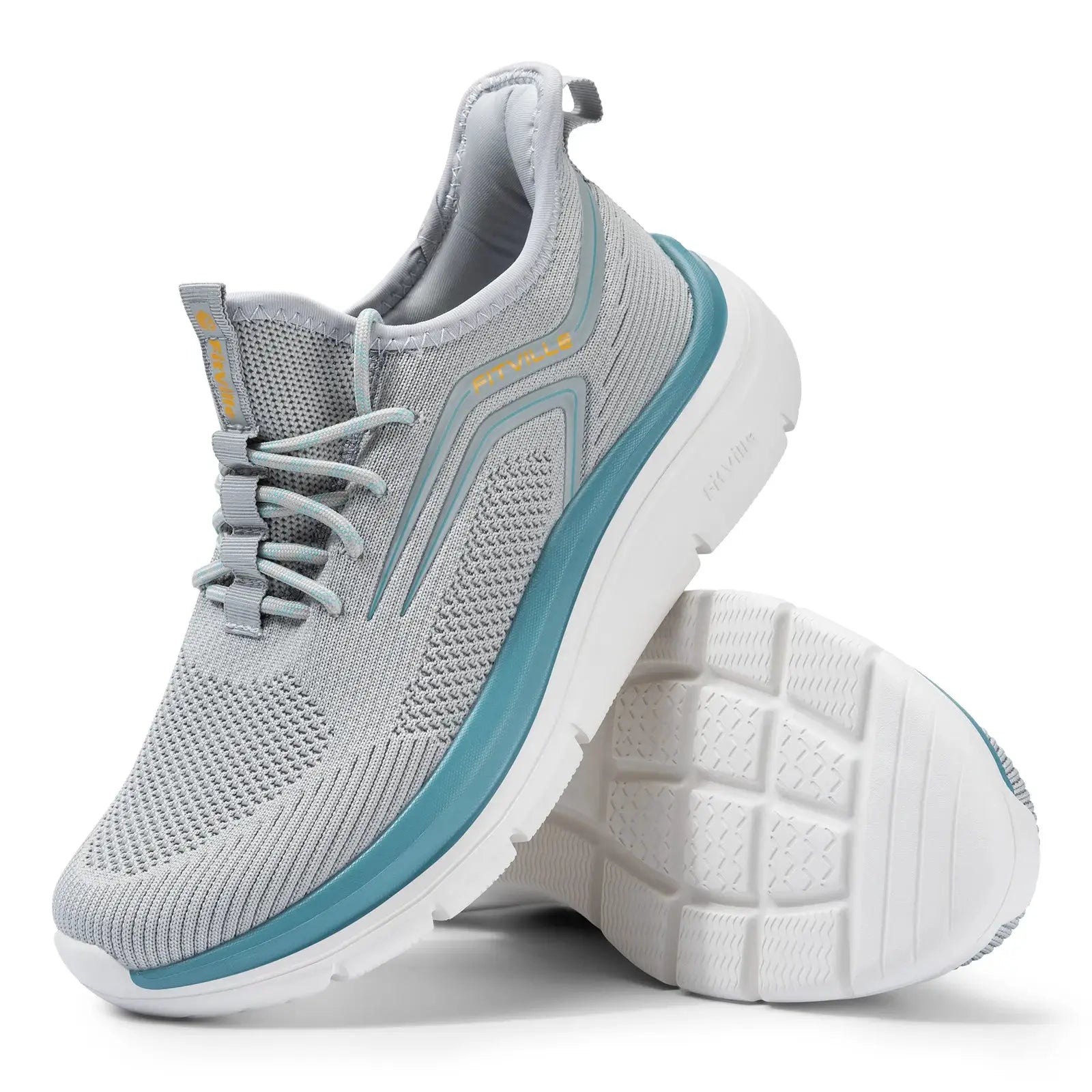 FitVille running shoe with thick sole, grey knit upper and teal midsole