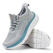 FitVille running shoe with thick sole, grey knit upper and teal midsole
