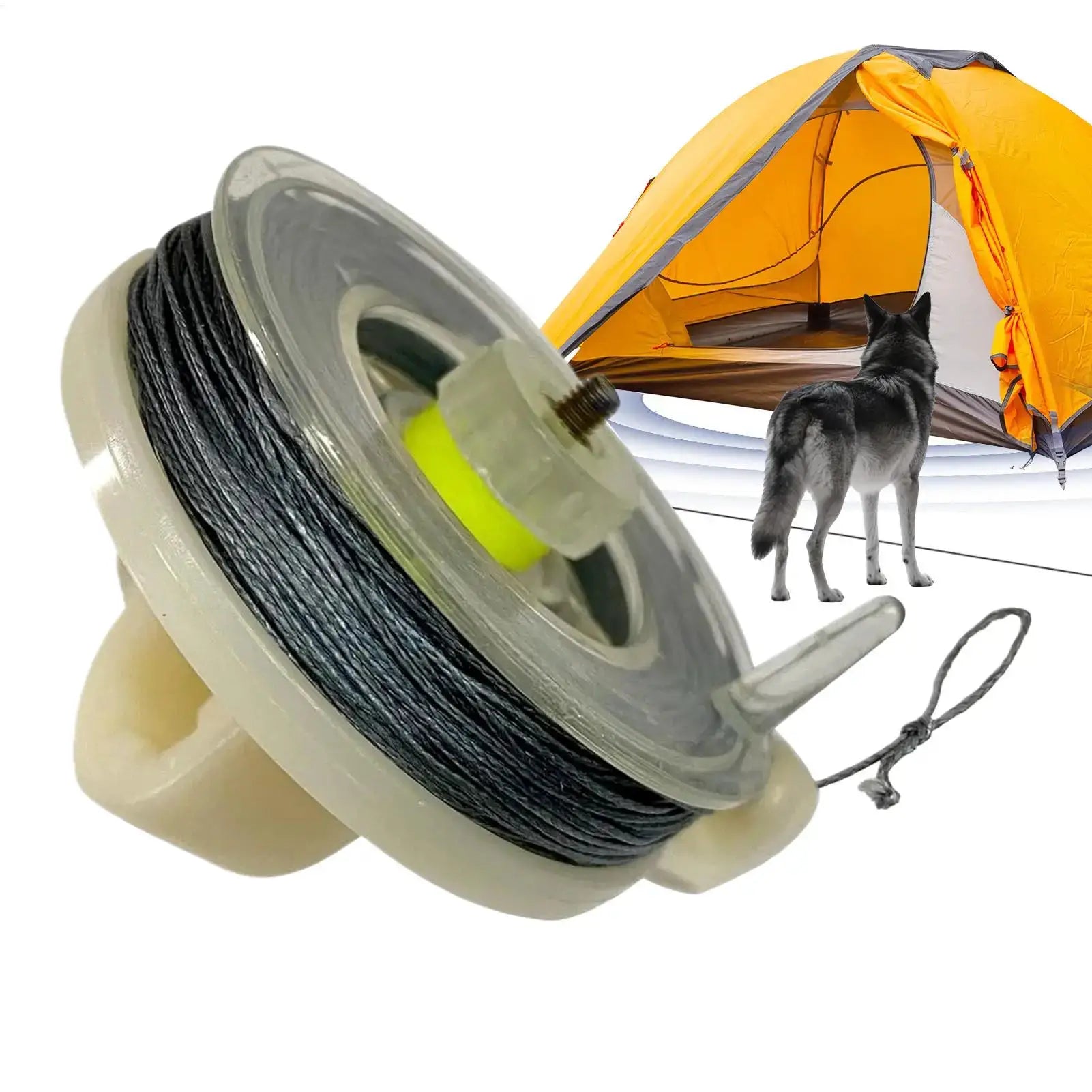 Simples Market perimeter alarm trip line spool with weatherproof camping cord, shown beside a yellow tent