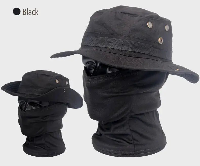 Black hiking boonie hat with neck gaiter mask; adjustable sun protection, set of two