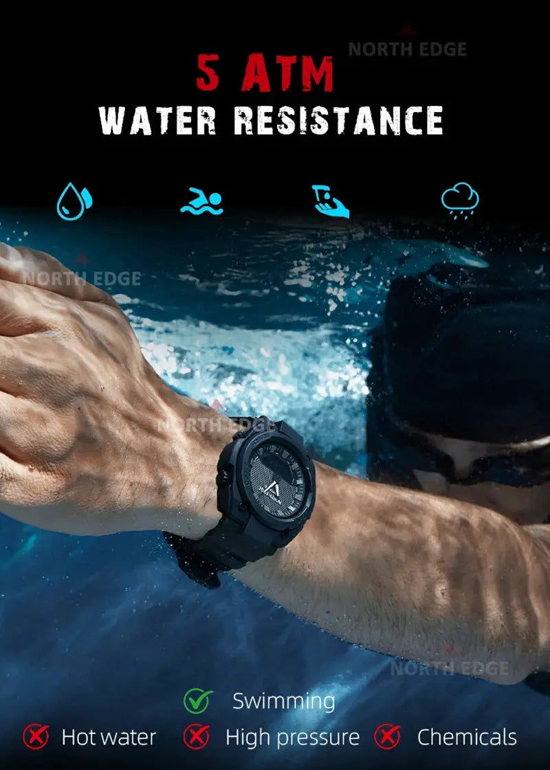 North Edge Fortress 2026 men's digital watch, black rugged case, 50m water resistant