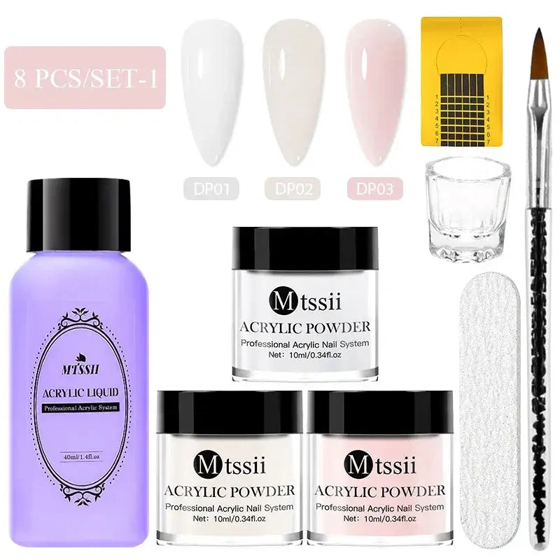 MTSSII acrylic powder nail system set with monomer liquid, 2 powder jars, brush, dappen dish and swatches