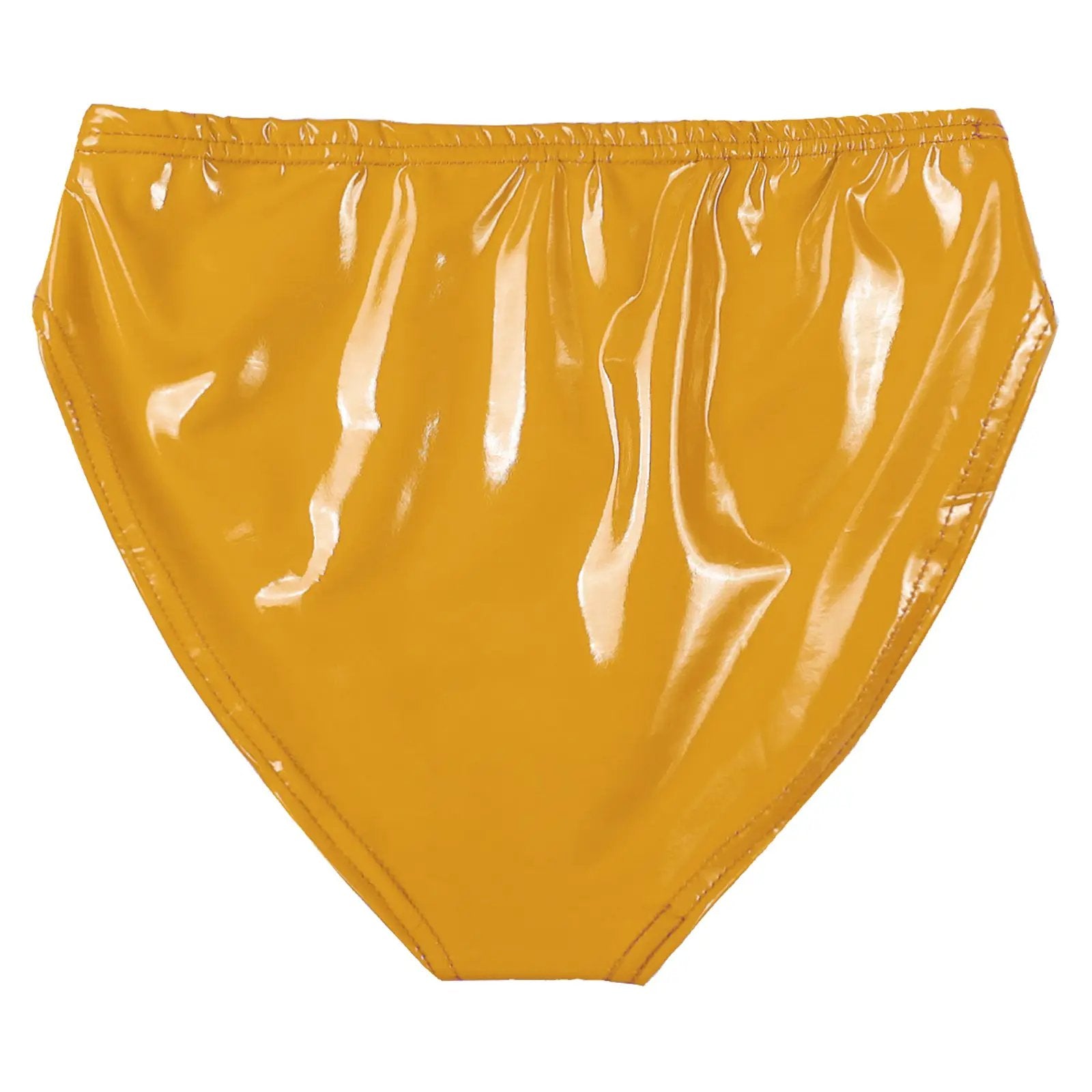 Womens wet-look patent leather briefs in yellow, low-rise hot pants style