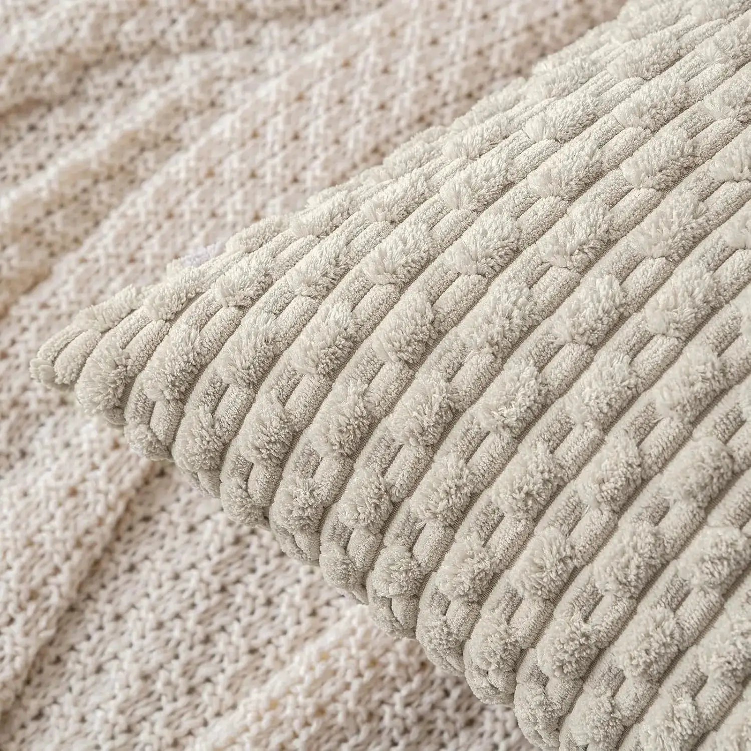 Pair of fall decorative throw pillow covers in soft corduroy with striped ribbing, beige cream