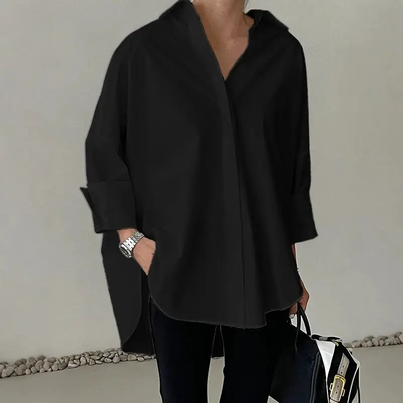 ZANZEA oversized black shirt blouse with turn-down collar, long sleeves, and high-low hem