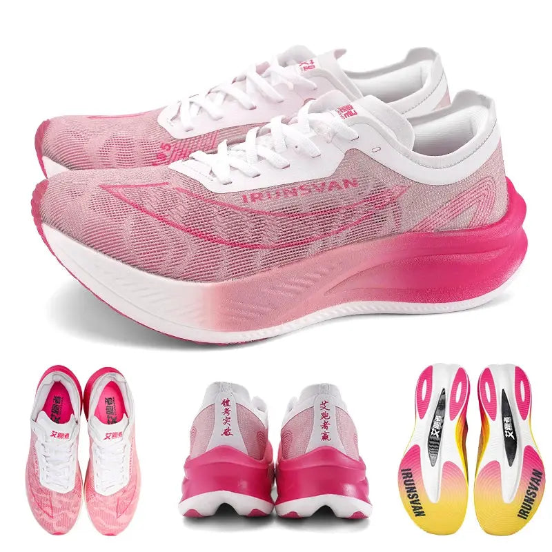 IRUNSVAN nylon carbon-plate running shoes, pink gradient mesh upper, lightweight marathon training pair