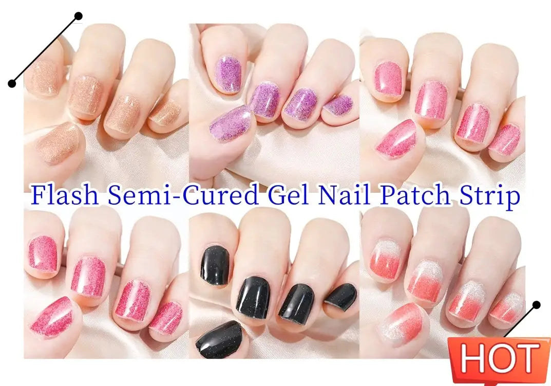 Simples Market semi-cured gel nail patch strips in assorted glitter shades: peach nude, purple, pink, black, and coral gradient.