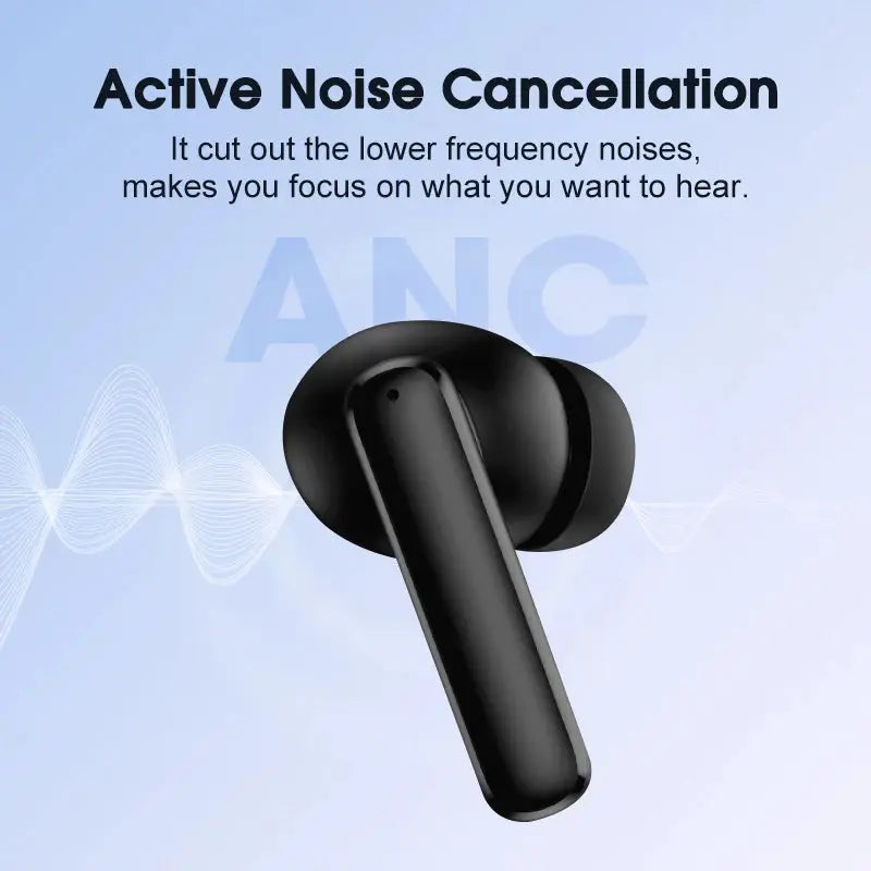 QCY T13 ANC wireless earphones, black in-ear earbuds with active noise cancellation.