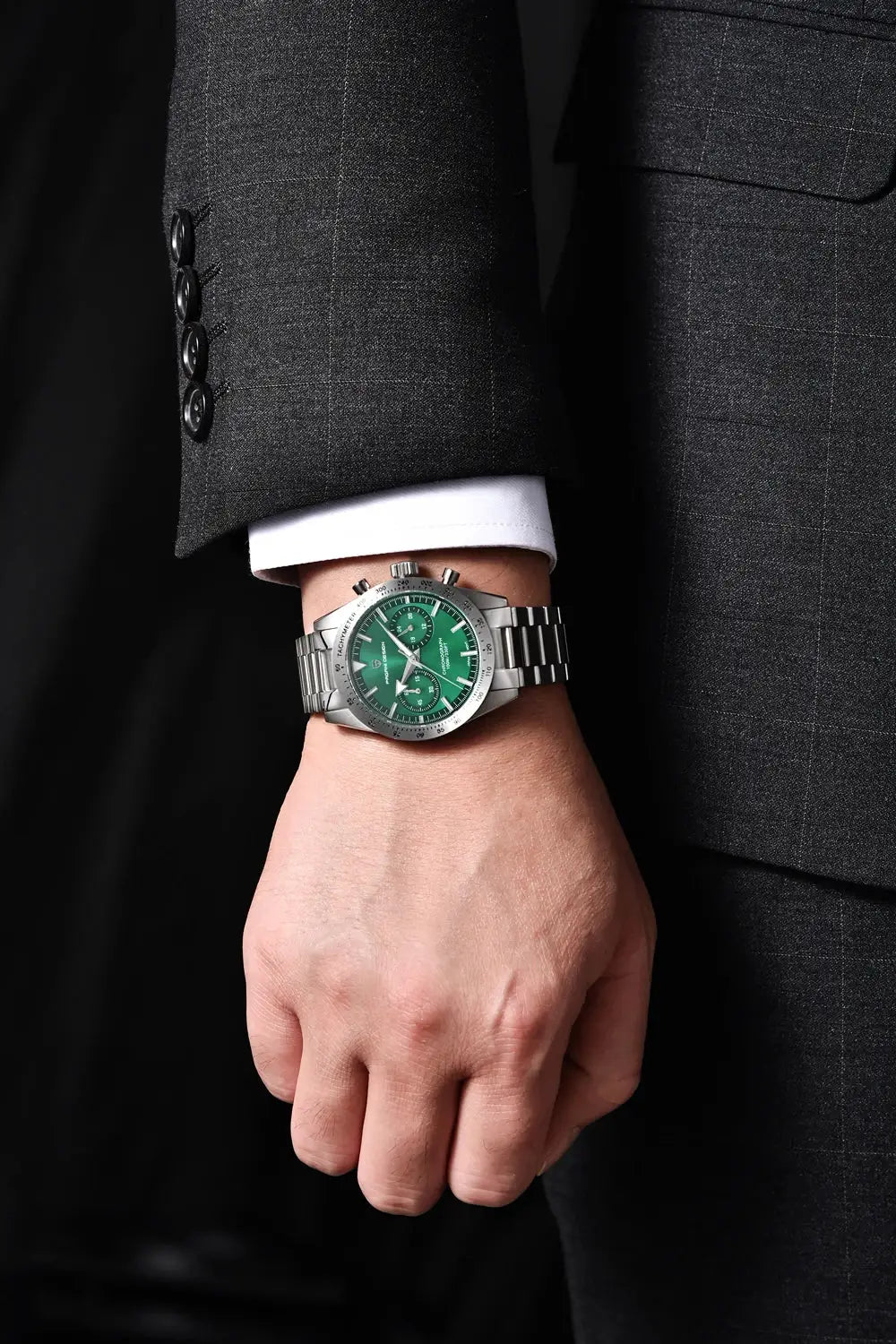 PAGANI DESIGN men's stainless steel chronograph watch with green dial and metal bracelet