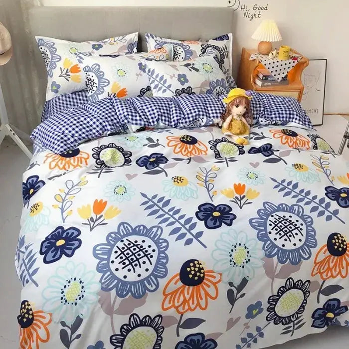 Simples Market four-piece aloe vera cotton bedding set with blue-orange floral quilt cover and pillowcases