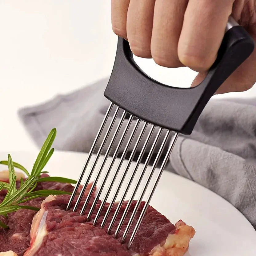 ChefCraft Stainless Steel Onion Slicer Holder And Meat Tenderizer Multipurpose Cutting Tool With Full Grip Handle