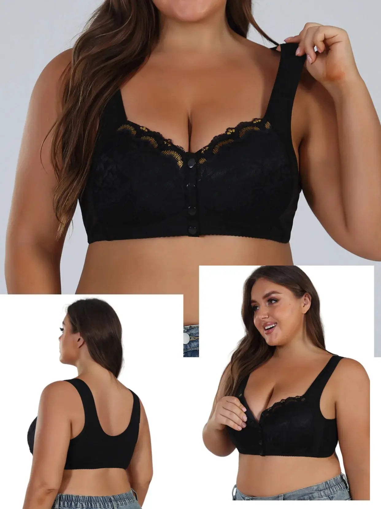 Black lace front-buckle wireless bralette; soft cotton, no underwire, extra-large