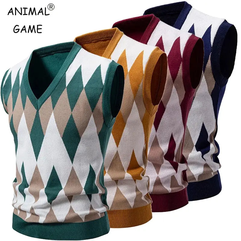 Men's argyle knitwear vests, V-neck sleeveless, slim fit, 5-color set by Simples Market