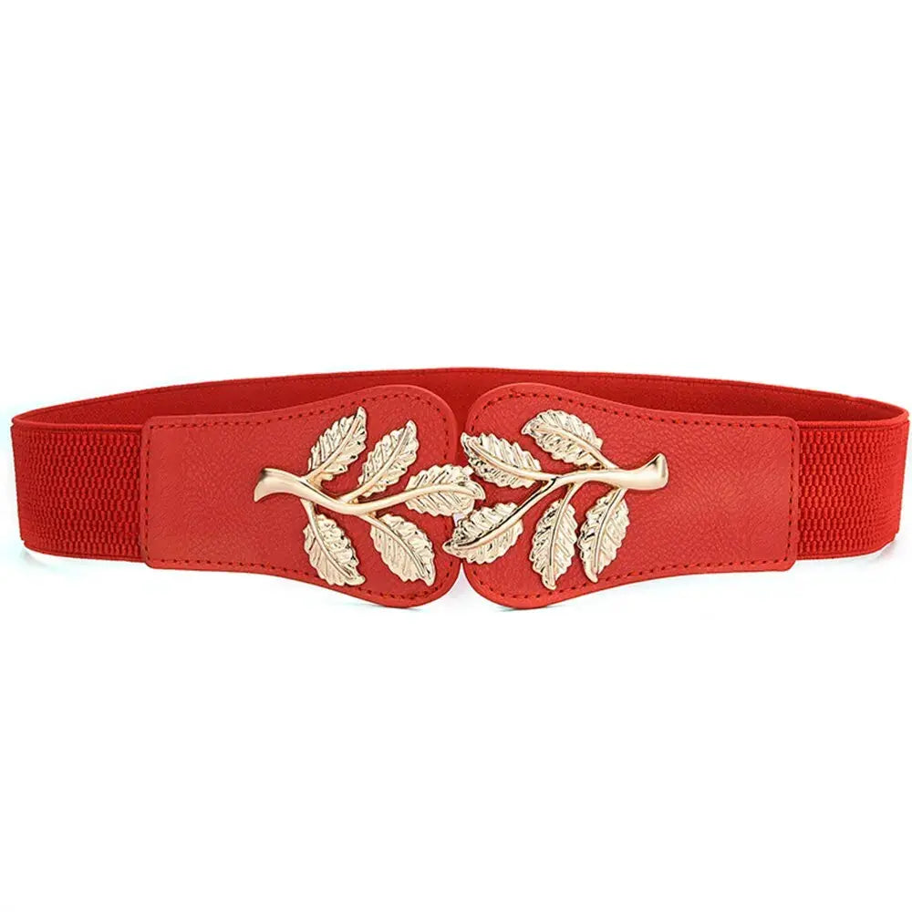 Aurora Women's Elastic Waist Belt With Gold Leaf Closure And Double Hook Buckle With Elegant Secure Fit