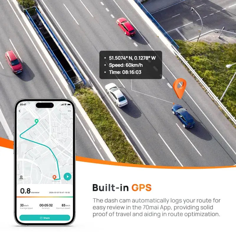 70mai Dash Cam A510 with built-in GPS; highway scene with smartphone map route (Simples Market)