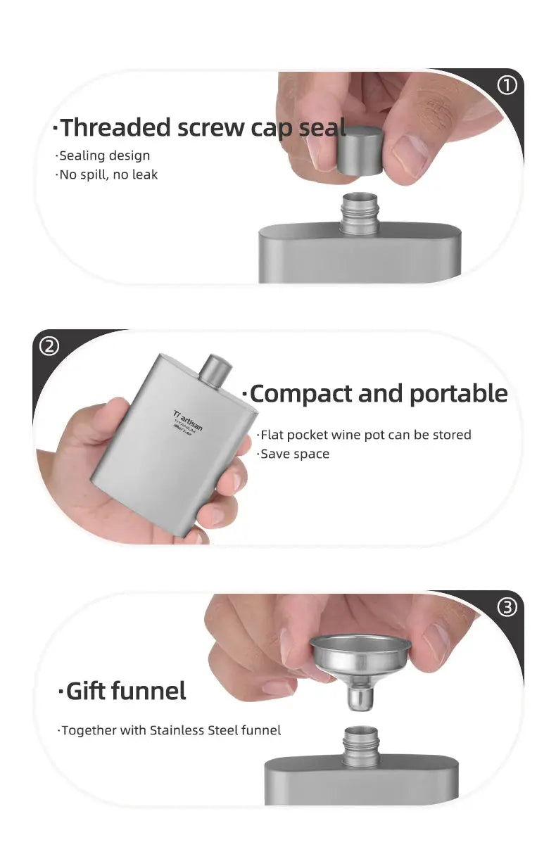 Tiartisan titanium hip flask 100ml; compact portable whiskey flask with screw-cap seal and stainless steel funnel.