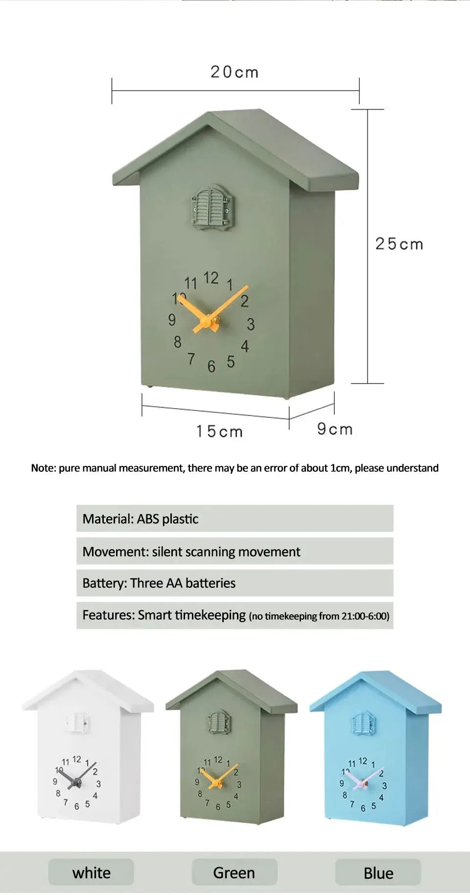 Cuckoo quartz wall clock by Simples Market, green house-shaped design with a small bird window, 20x25cm