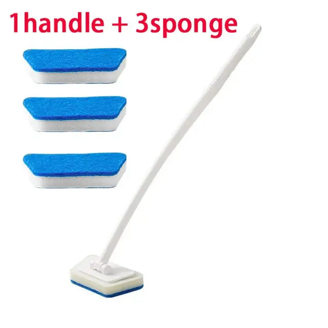 Bathroom sponge cleaning brush with long white handle and three blue sponge heads