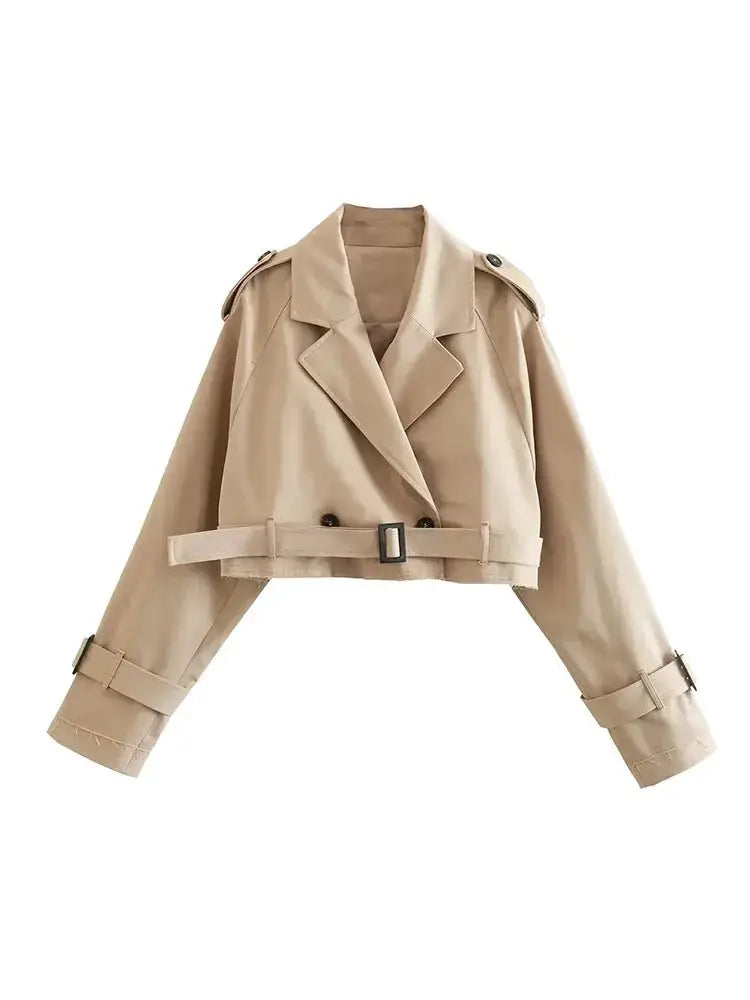 Belted Cropped Trench Coat For Women Vintage Double Breasted Spring Jacket With Long Sleeves Timeless Style