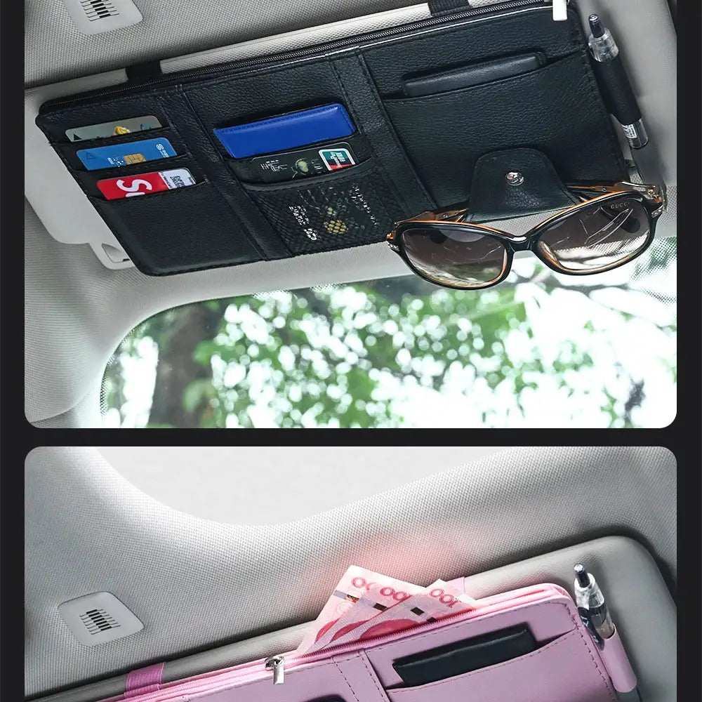 Car sun visor organizer with sunglasses clip, card holder and pen pocket; black and pink variants shown.