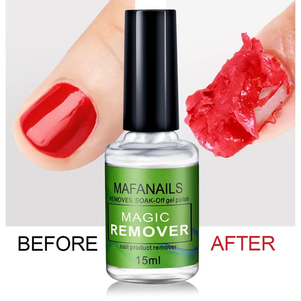 MAFANAILS Magic Remover 15ml gel polish remover bottle with green label, shown with before and after red nails