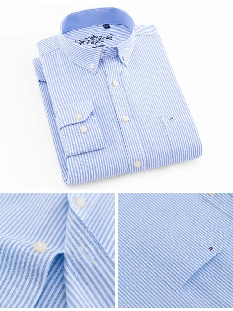 Simples Market men's light blue striped Oxford shirt, long sleeves, button-down collar, single chest patch pocket.