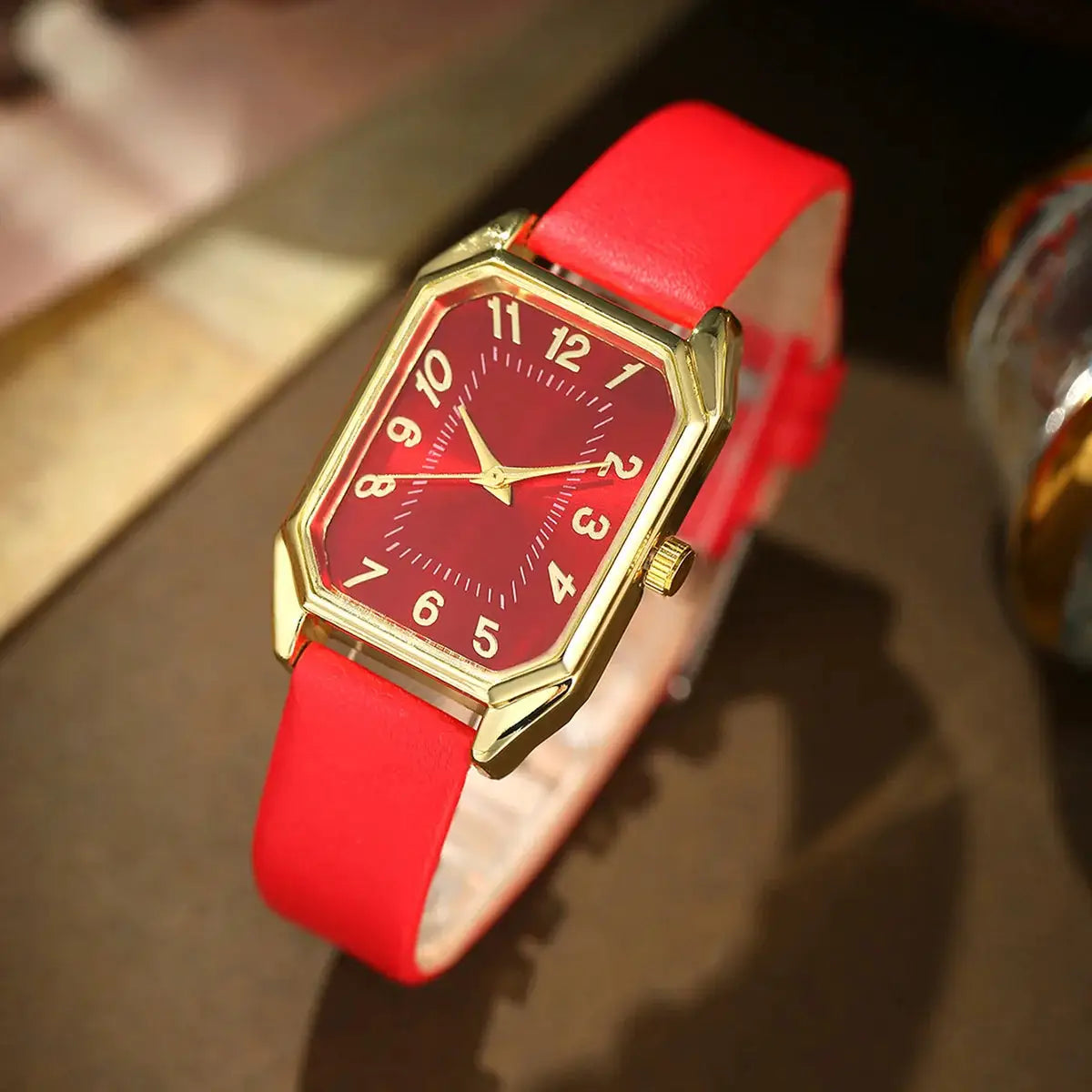 LuxeCharm Square Women Watches Set Leather Strap Quartz Timepieces Five Piece Jewelry Gift Set