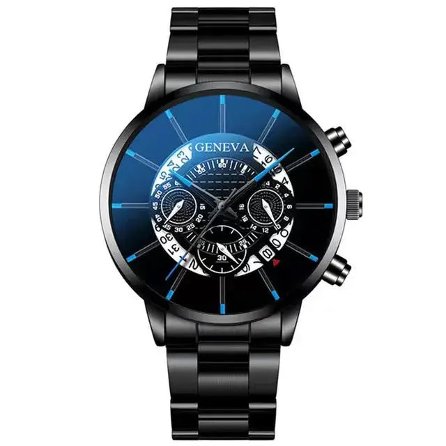 NovaTime Mens Quartz Watch Set 3Pc Stainless Steel Strap Circular Dial Date Function Electronic Drive
