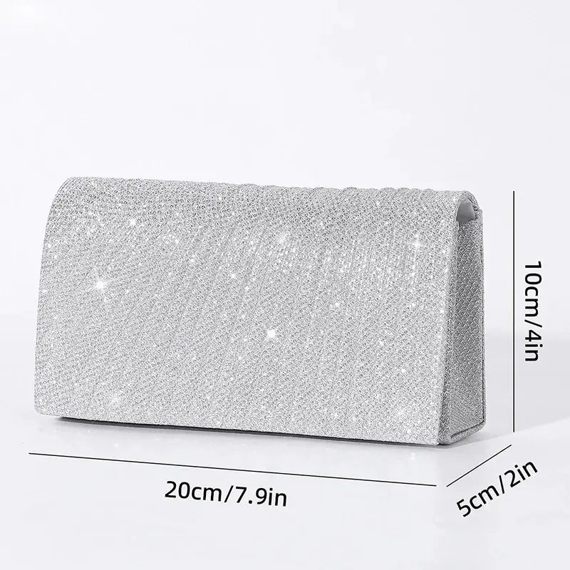 Women's silver glitter evening clutch bag, envelope-style bridal purse with sparkling finish