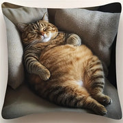Fat Cat Lying Down Print Pillowcase featuring a relaxed orange tabby on gray cushions