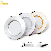 Led recessed round ceiling downlights, 3-pack in silver, white, and white with orange trim; Attuso logo visible
