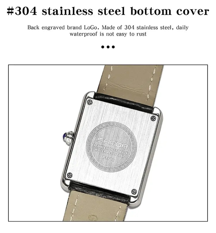 SANDA 9031/1108 luxury square quartz watch; stainless steel back, water resistant, beige leather strap.