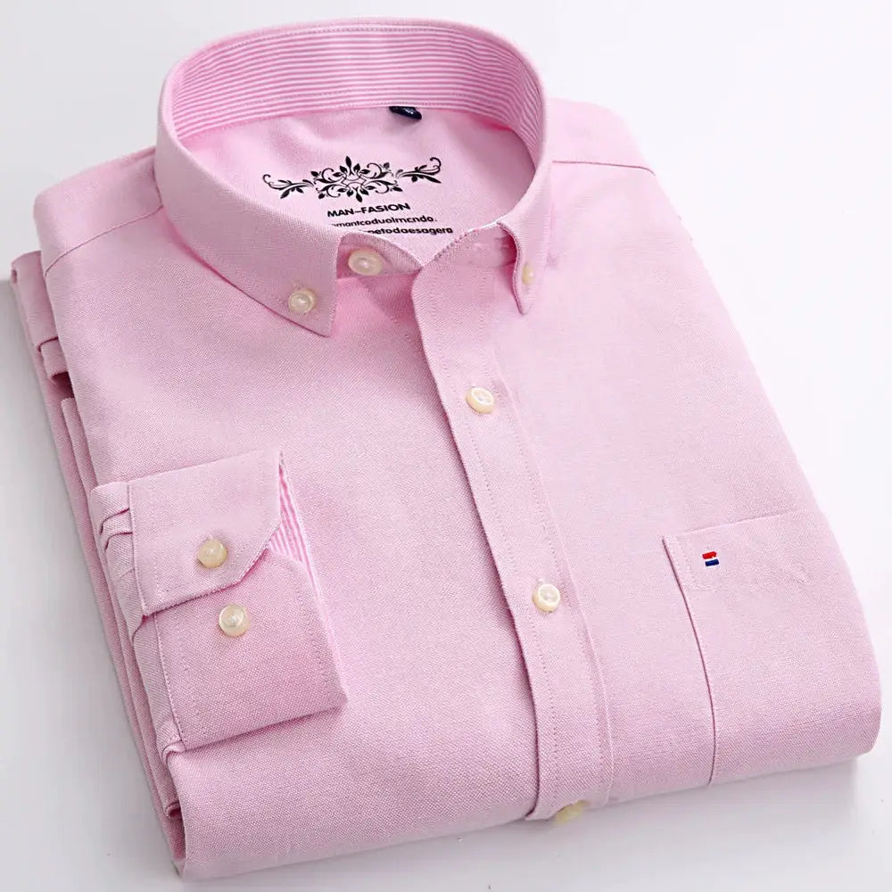 Men's pink long-sleeve Oxford shirt by Simples Market with single patch chest pocket and embroidered detail
