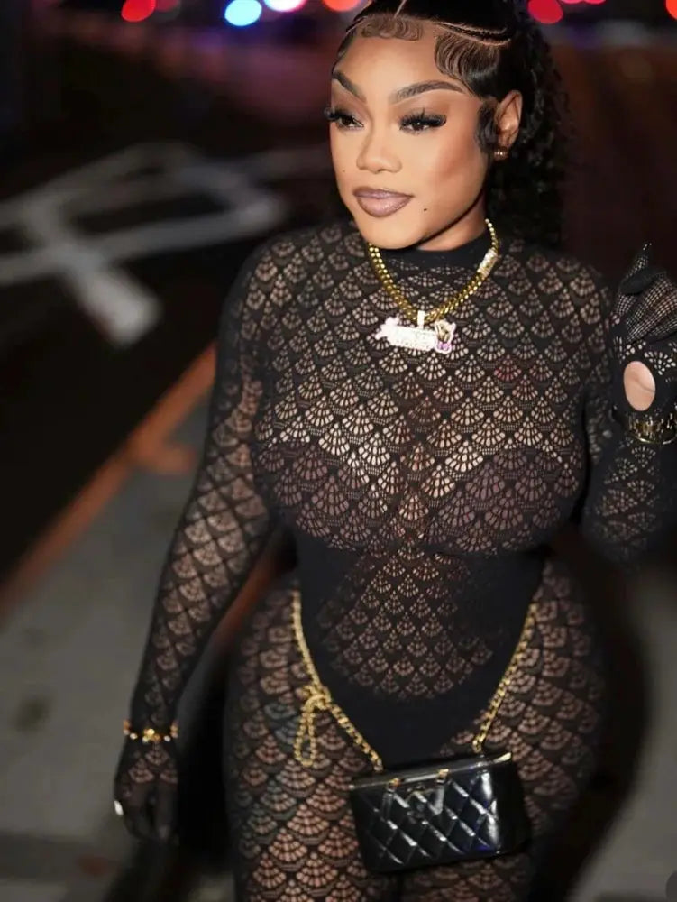 Women's black lace see-through mesh jumpsuit by Simples Market for night-out clubwear