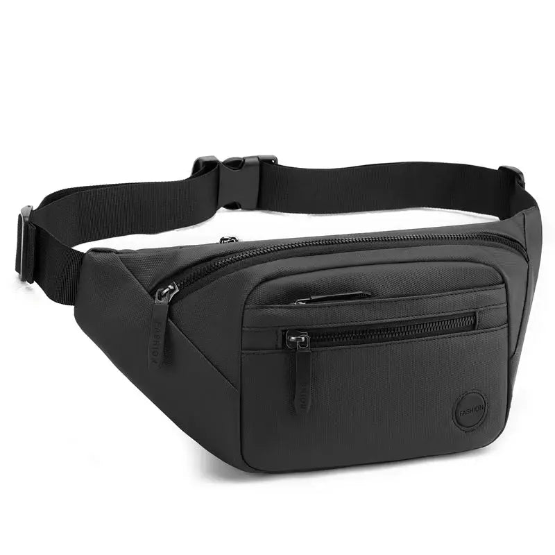 Unisex black waterproof waist bag with multiple zip pockets and adjustable strap.