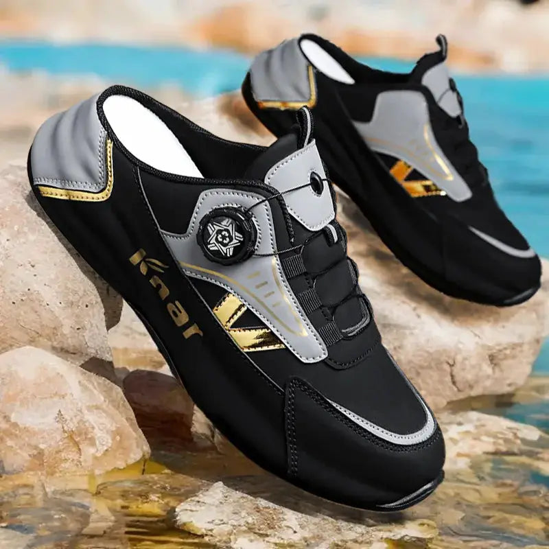 Simples Market men's running shoes pair, lightweight, non-slip, breathable with black and gray uppers and gold accents