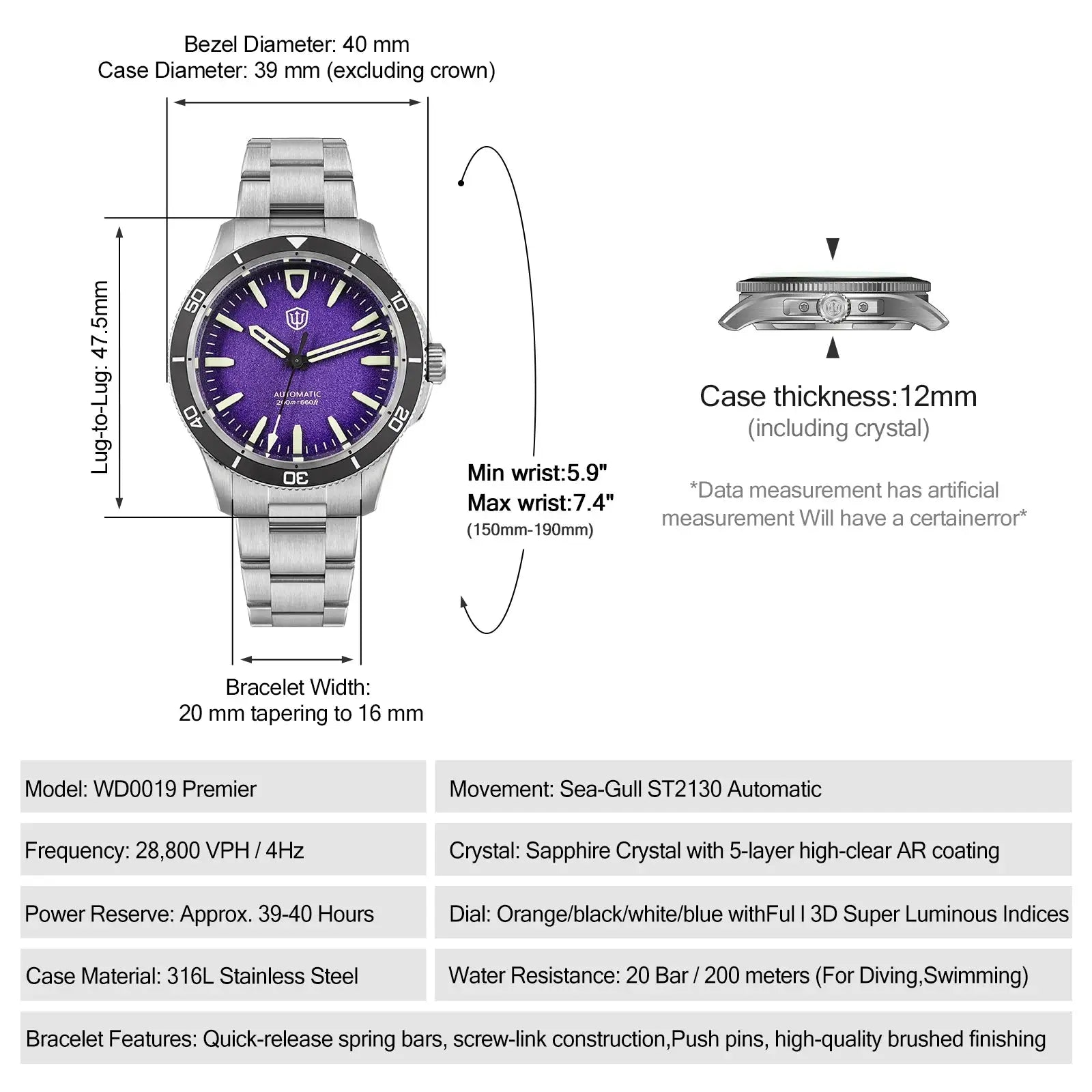 Watchdives Premier WD0019 automatic watch with stainless steel bracelet and purple dial