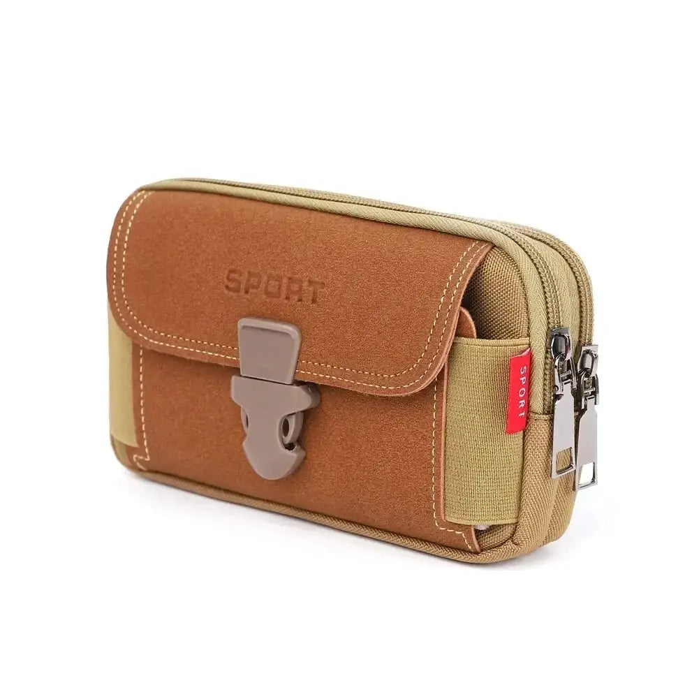 Belt pouch for phone by Simples Market, tan fabric with brown leather front and SPORT branding