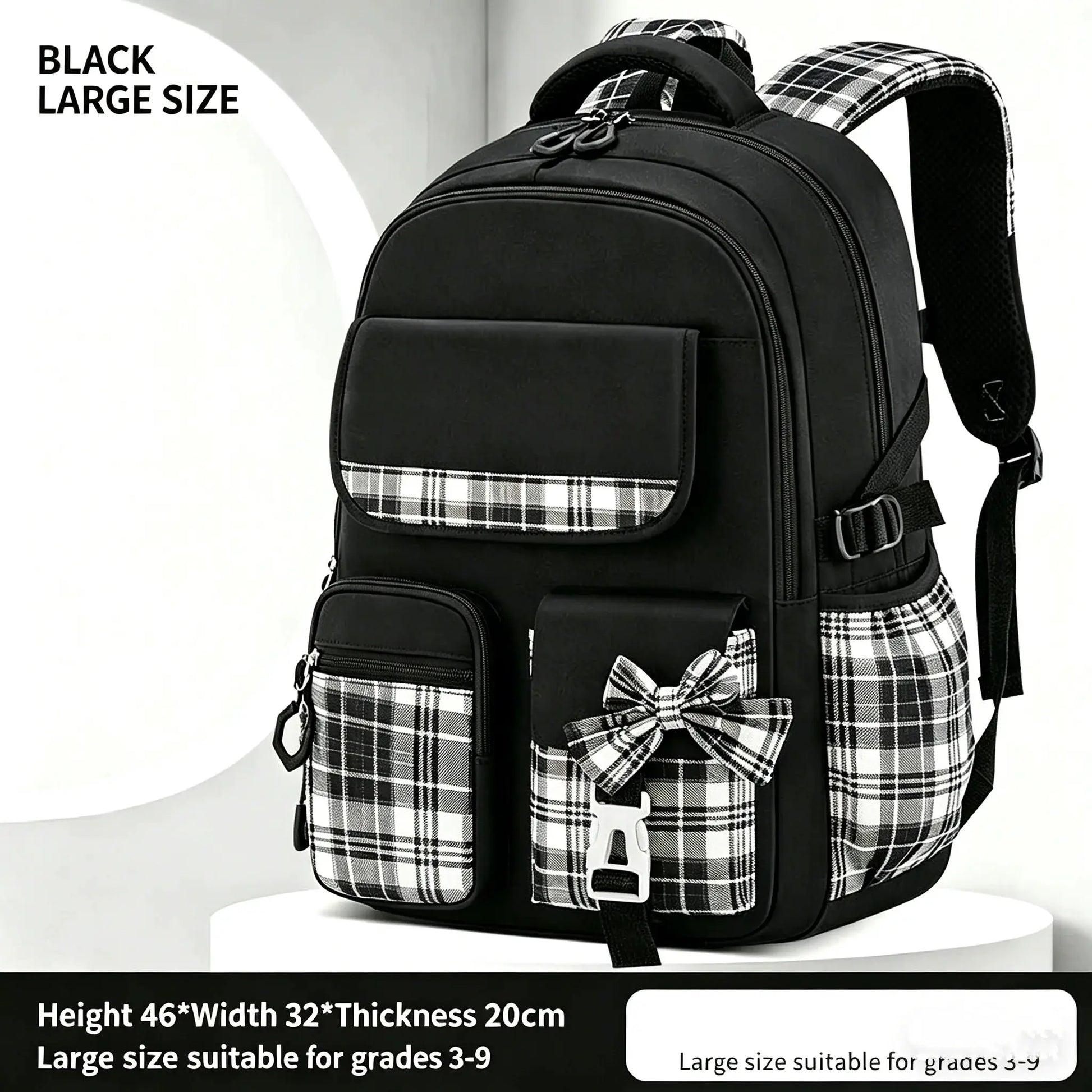 Backpack by Simples Market: black checkered, large-capacity school bag with multiple pockets