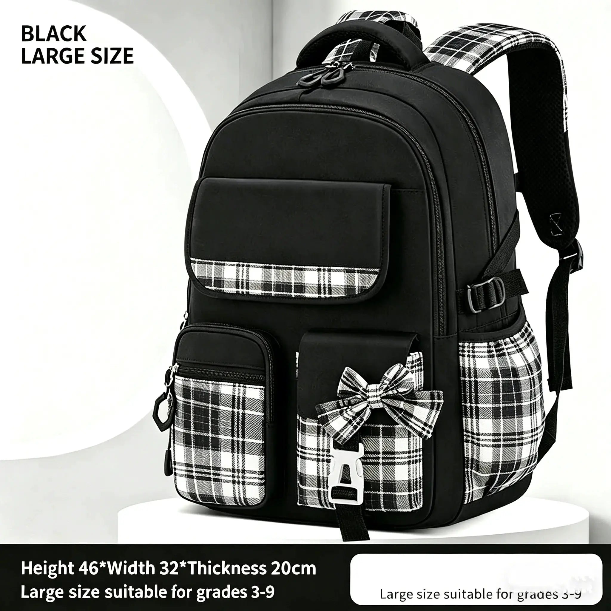 Backpack by Simples Market: black checkered, large-capacity school bag with multiple pockets