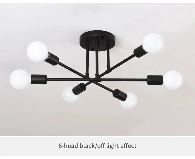 6-head black wrought-iron ceiling lamp with retro industrial design