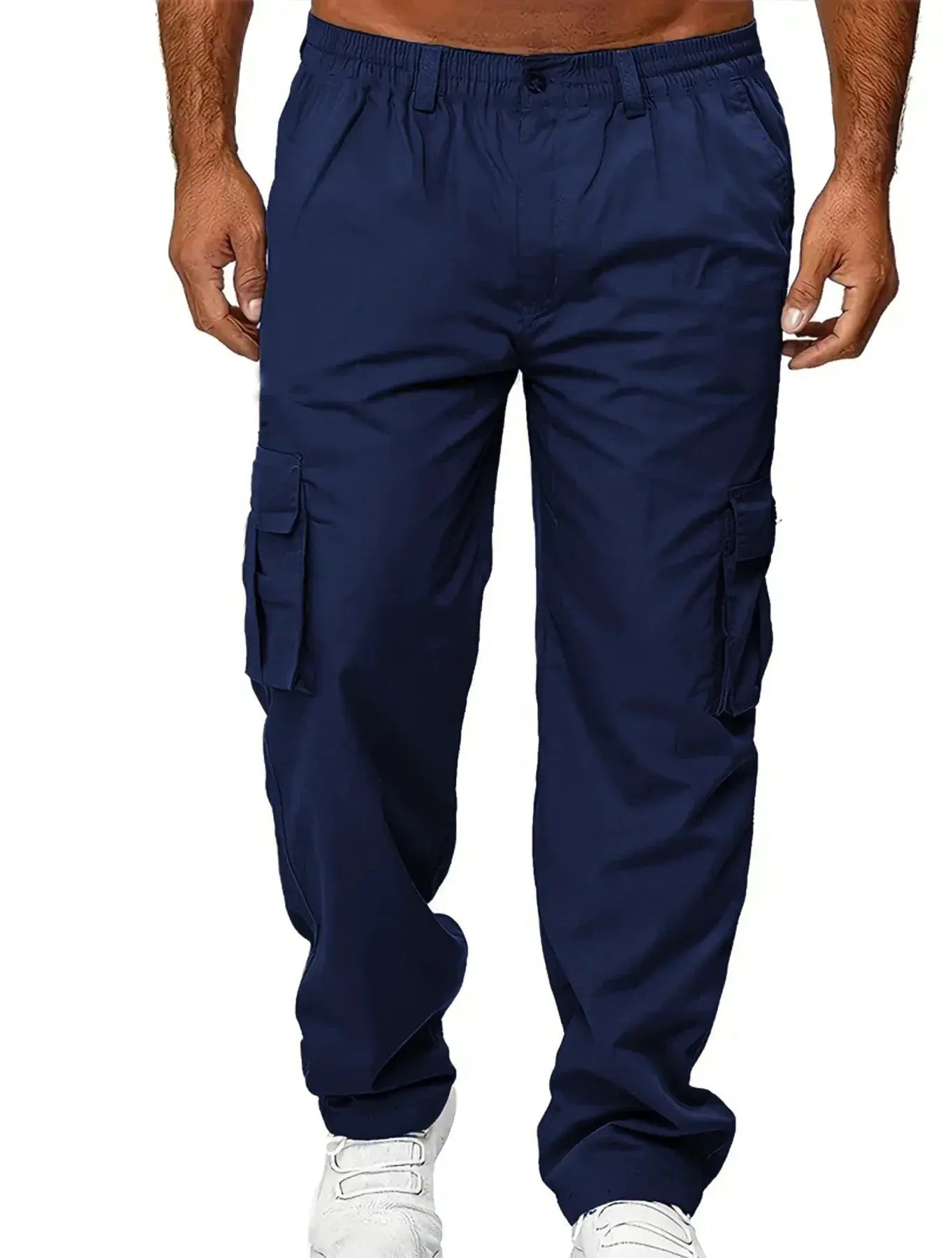Men's navy blue cargo pants with multiple pockets, loose straight fit.