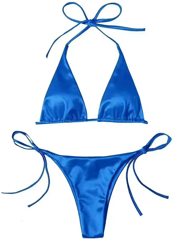 Simples Market halter two-piece bikini set in metallic royal blue satin, high-cut swimwear